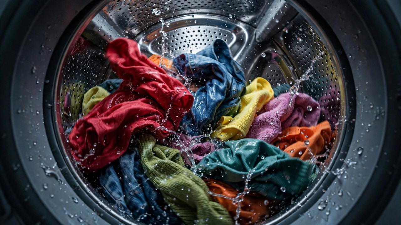 Close-up of colorful clothes tumbling inside a washing machine drum with splashing water droplets