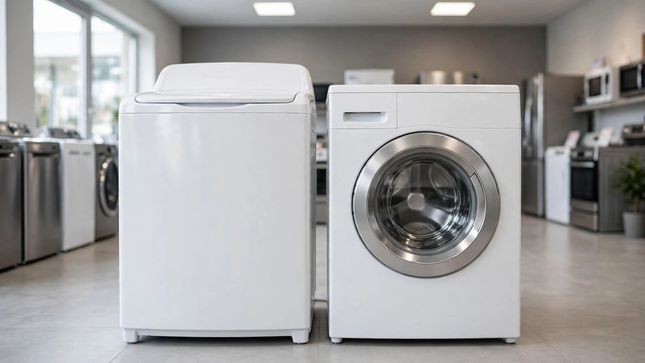 Top-load and front-load washing machines standing side by side in an appliance showroom