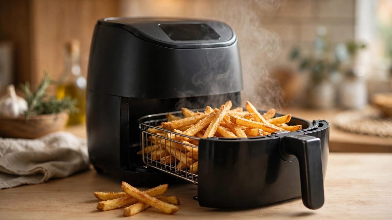 Air fryer basket pulled open revealing crispy golden fries inside