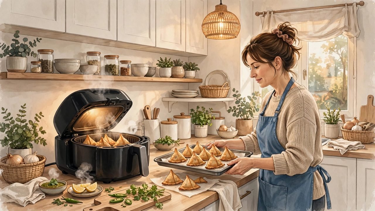 Family kitchen with an air fryer cooking on the countertop