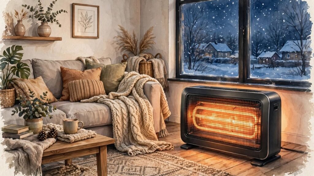 Electric room heater glowing warmly in a cozy living room on a winter evening