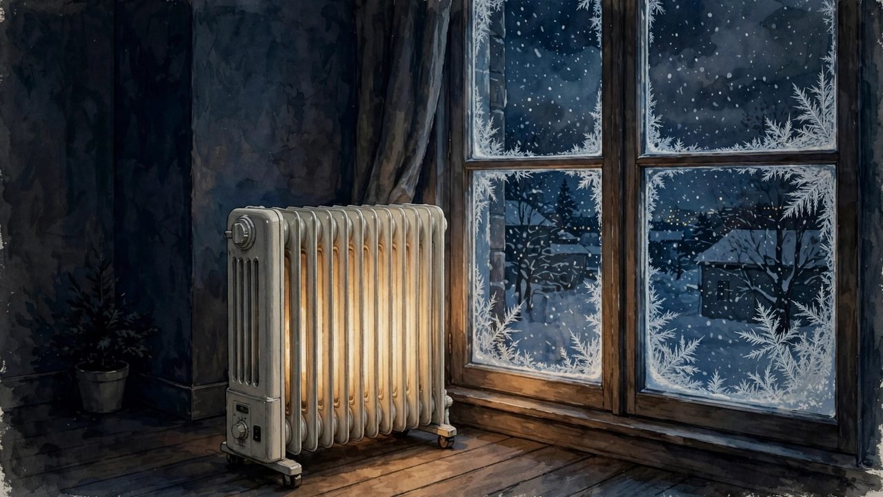 Oil-filled radiator heater placed beside a window on a cold night