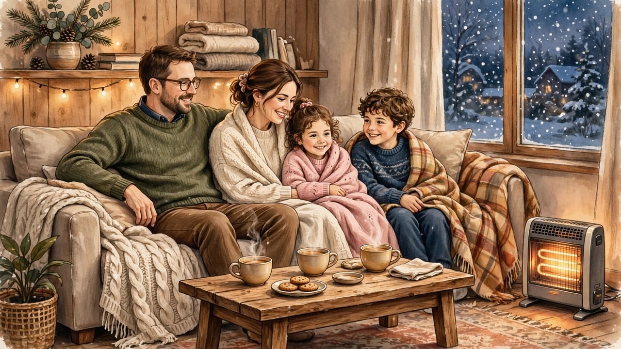 Family relaxing in a warm living room with a room heater nearby