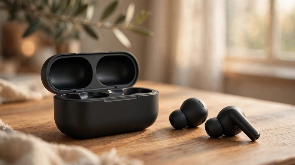 Modern wireless earbuds with charging case on a desk — best wireless earbuds in Pakistan buying guide