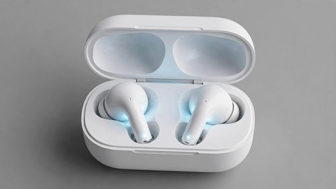 Close-up of an open earbud charging case showing the two earbuds inside