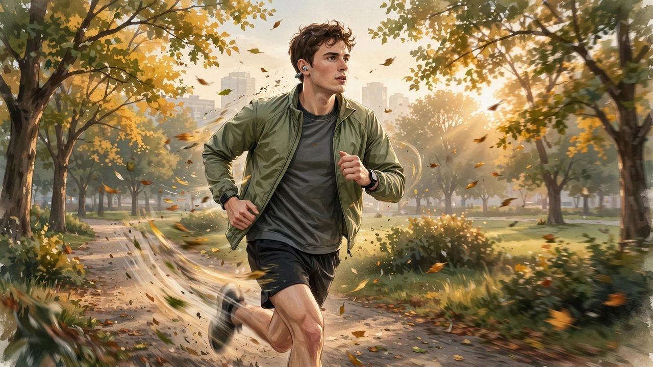 Runner wearing wireless earbuds during a morning jog outdoors