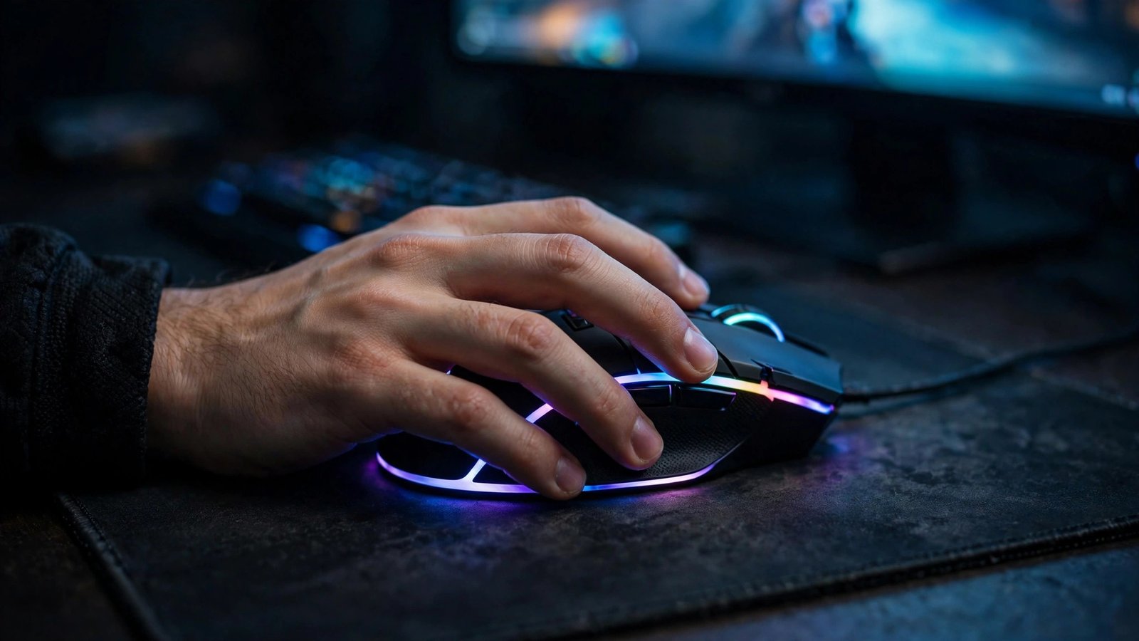 Illustration of several gaming mice in different sizes showing palm, claw and fingertip grip styles