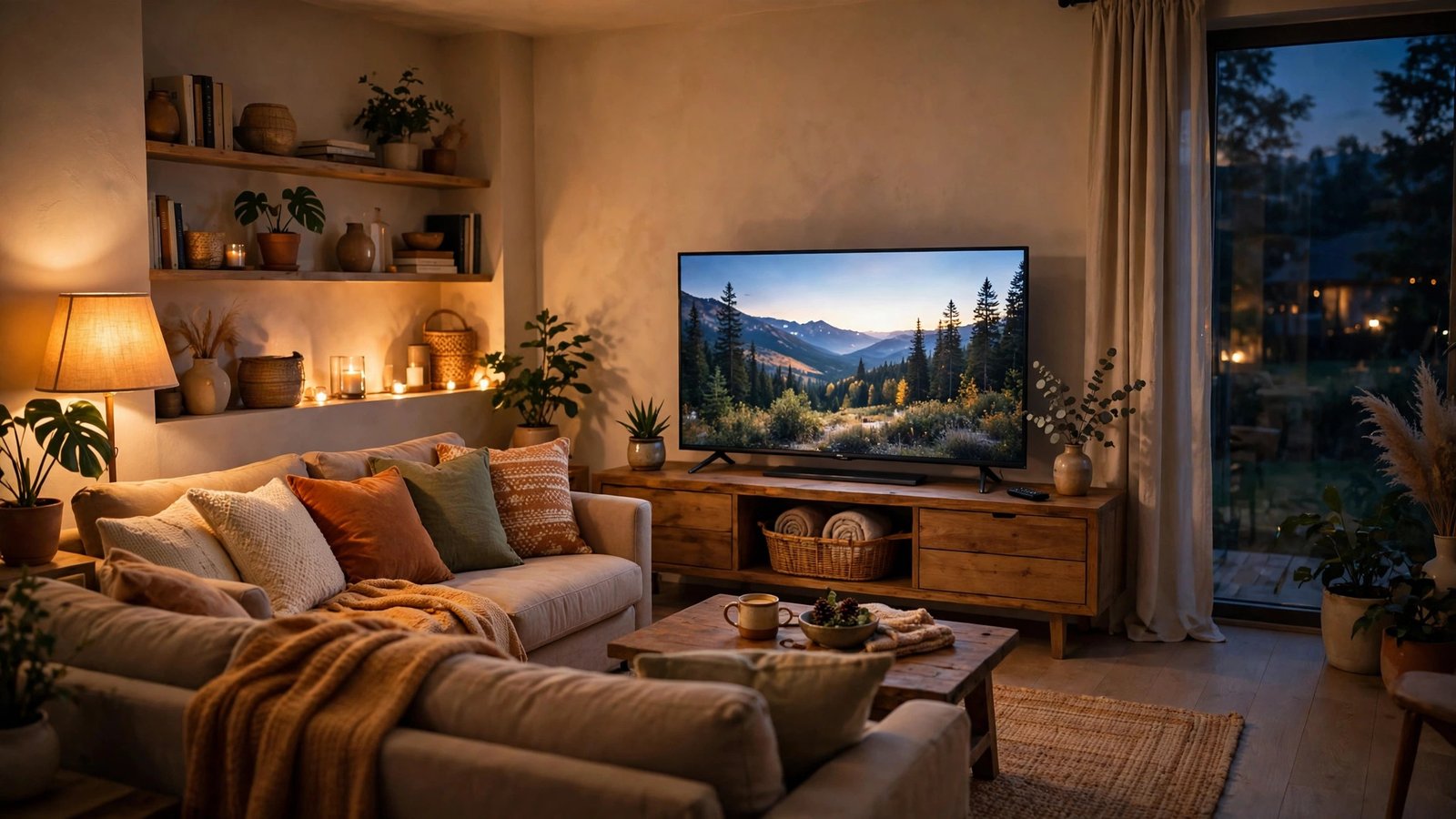 Illustration of a family watching a cricket match on a big-screen 4K LED TV in a cozy living room