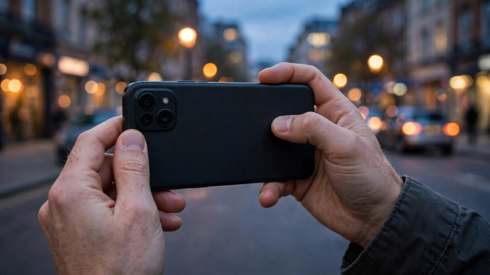 Illustration of a hand holding a smartphone taking a photo at sunset with soft golden light