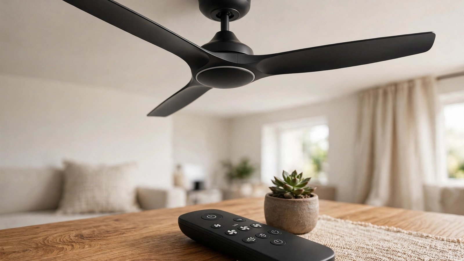 Close-up of a sleek inverter ceiling fan with a remote control on a wooden table in a modern home interior