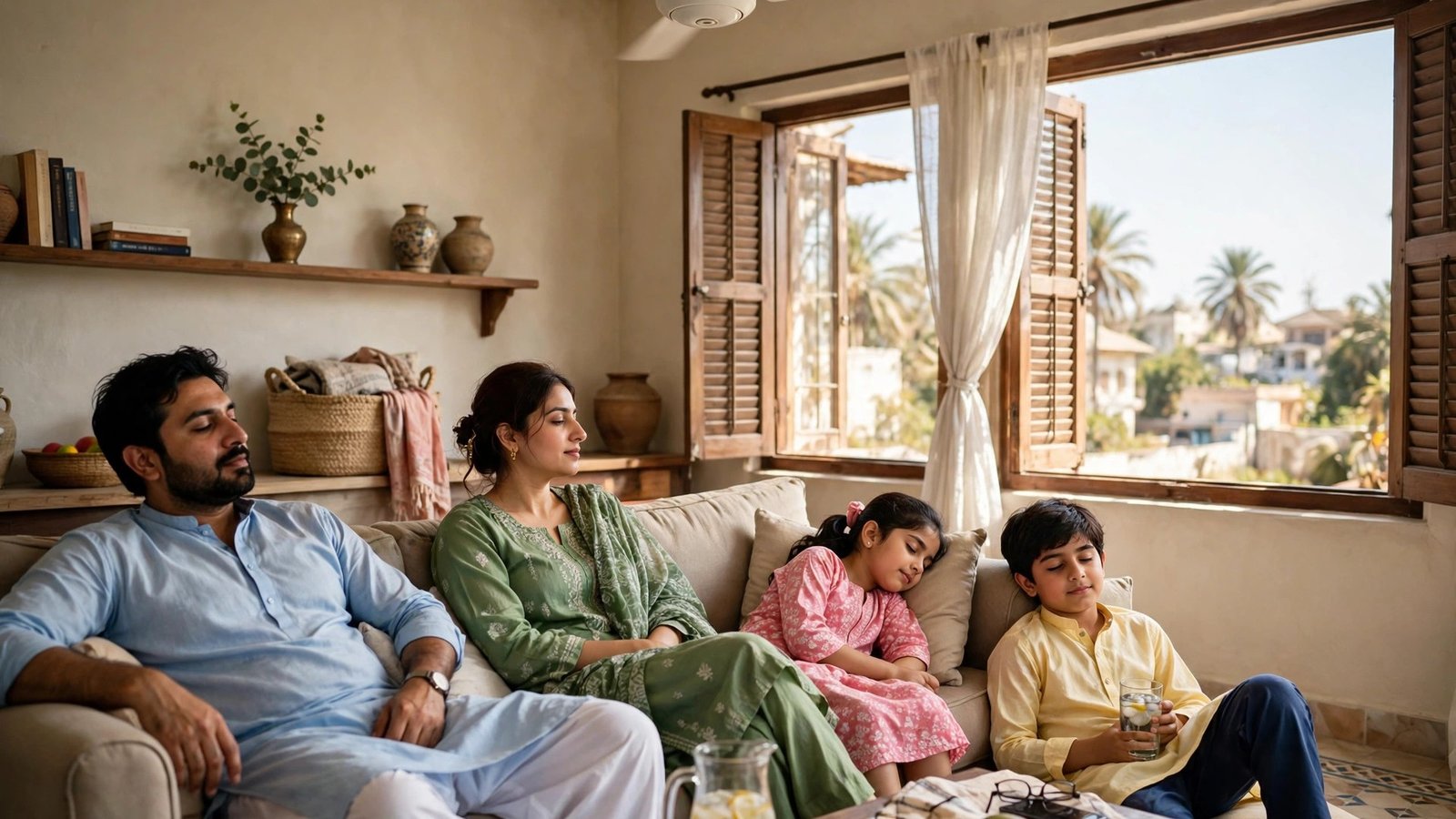 A family relaxing in a cool living room under a ceiling fan on a hot summer afternoon in Pakistan