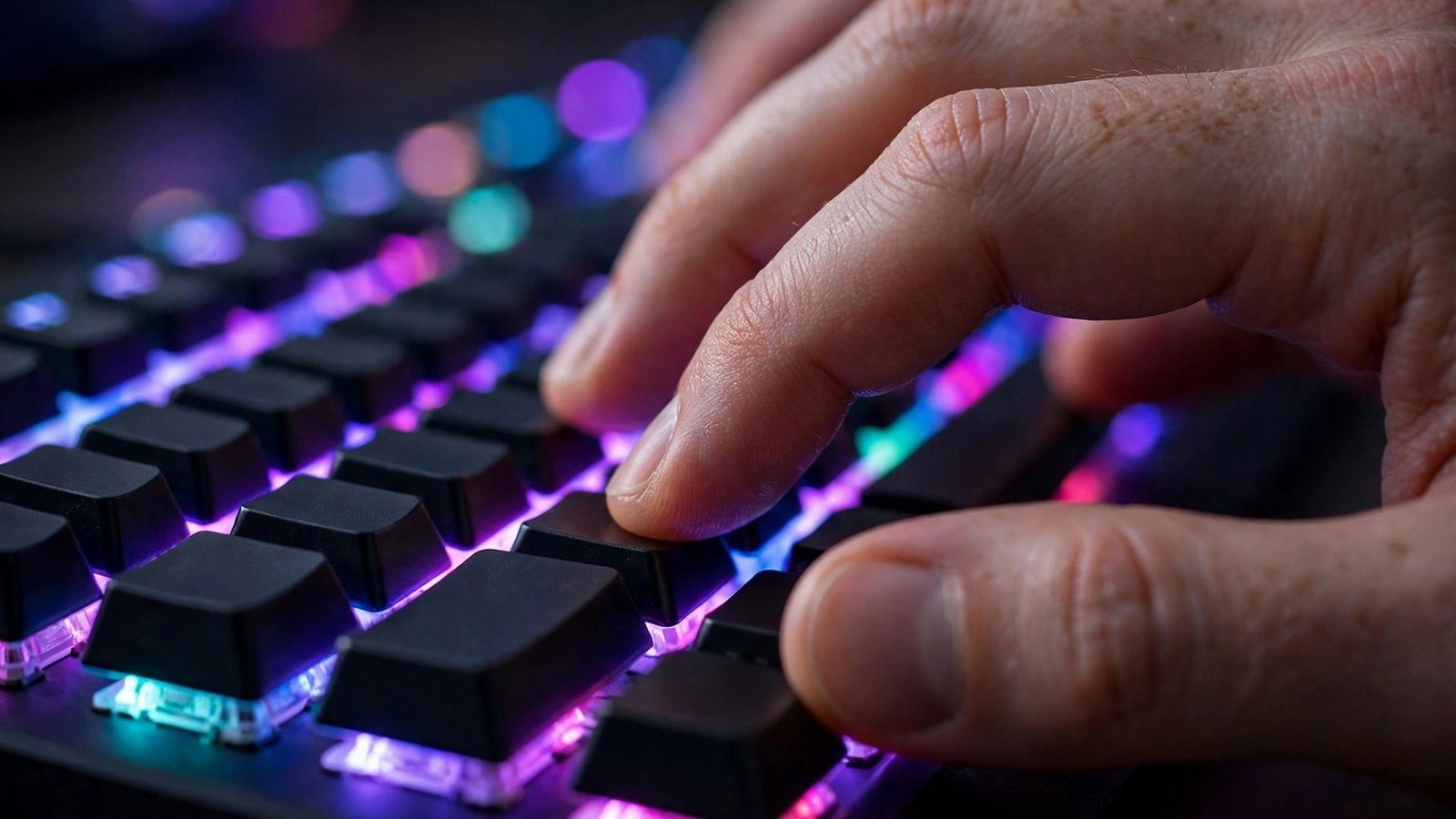 Close-up of fingers typing on a mechanical gaming keyboard with glowing RGB keycaps