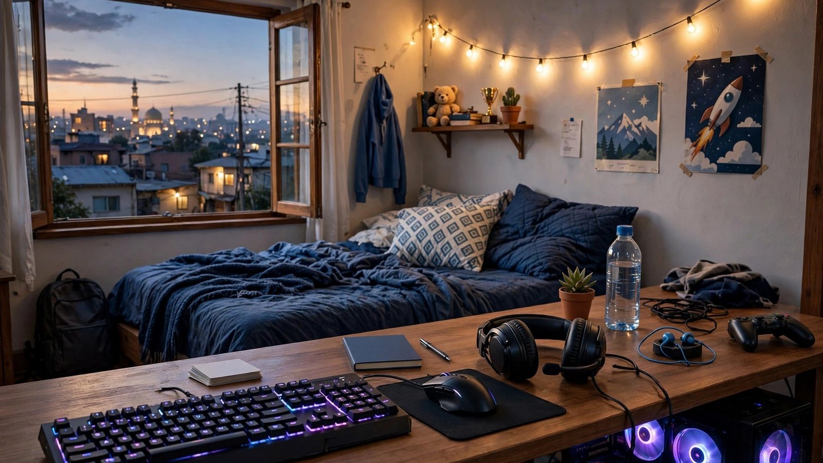 Complete gaming setup with keyboard, mouse and headset on a desk in a teenager's bedroom in Pakistan