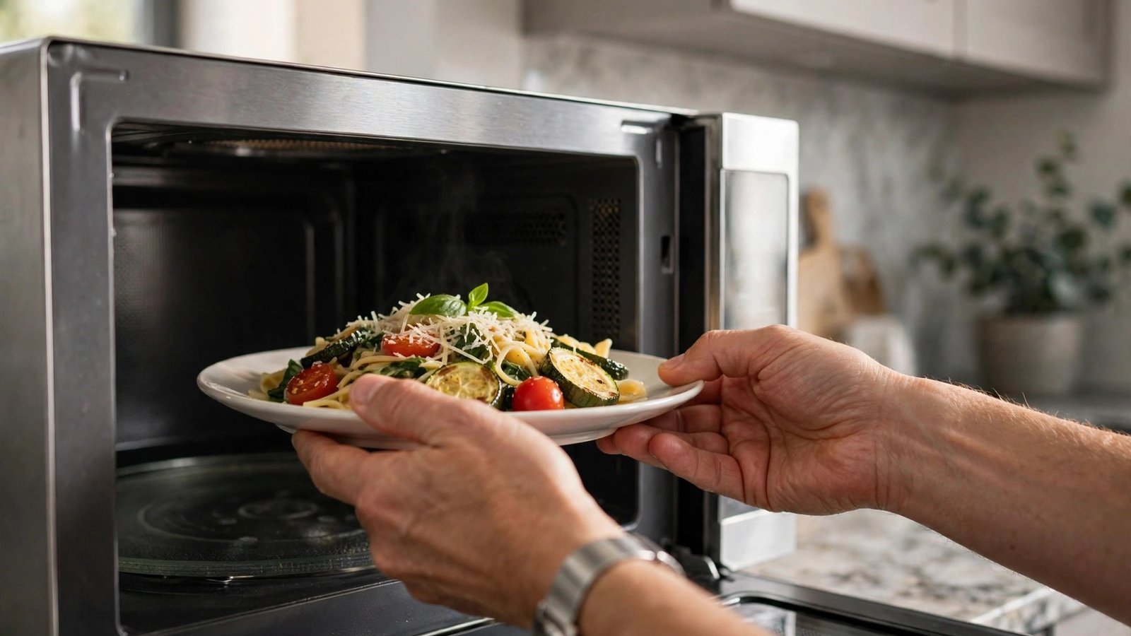 Hands placing a plate of food into a microwave oven in a modern kitchen