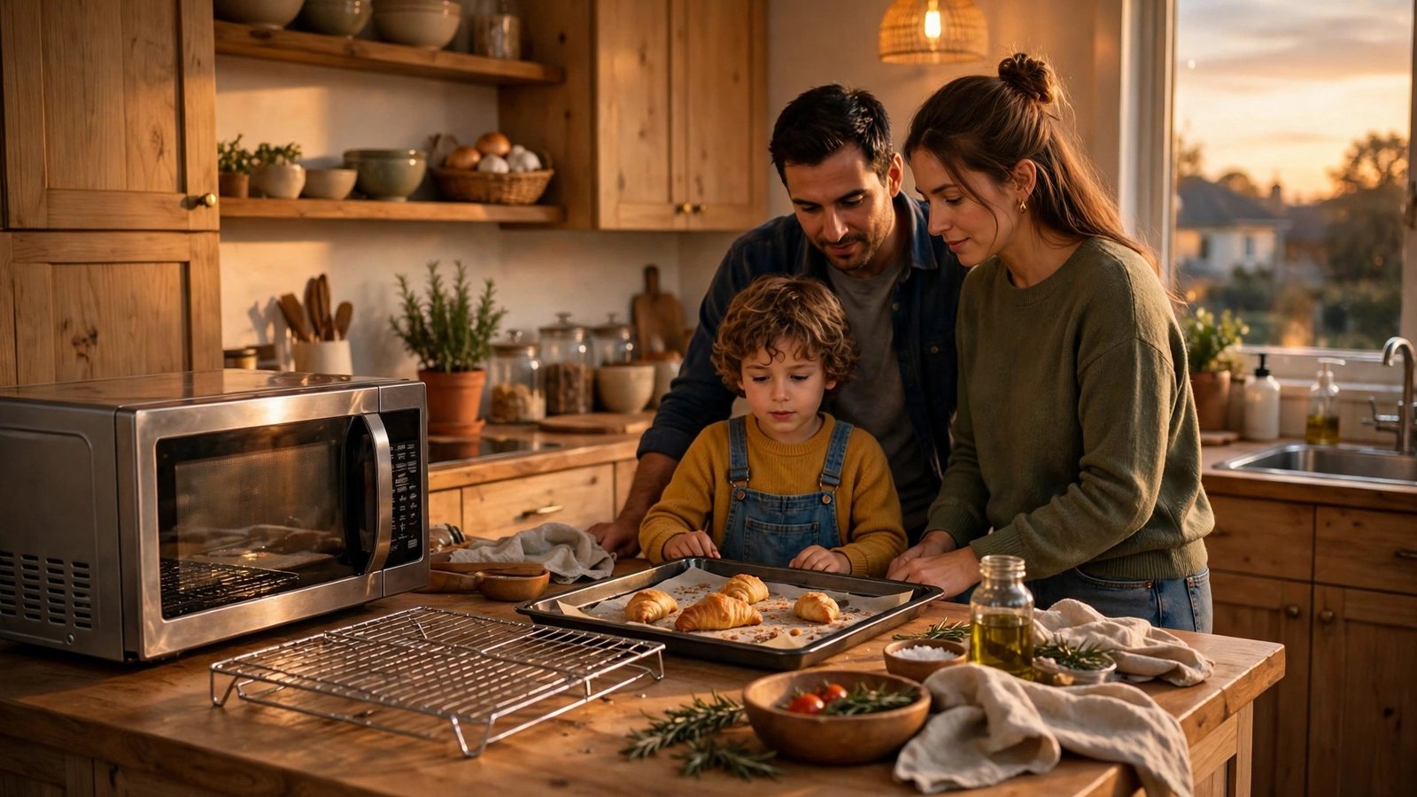 Family kitchen scene with a microwave oven, grill rack and baking tray on the counter in warm evening light
