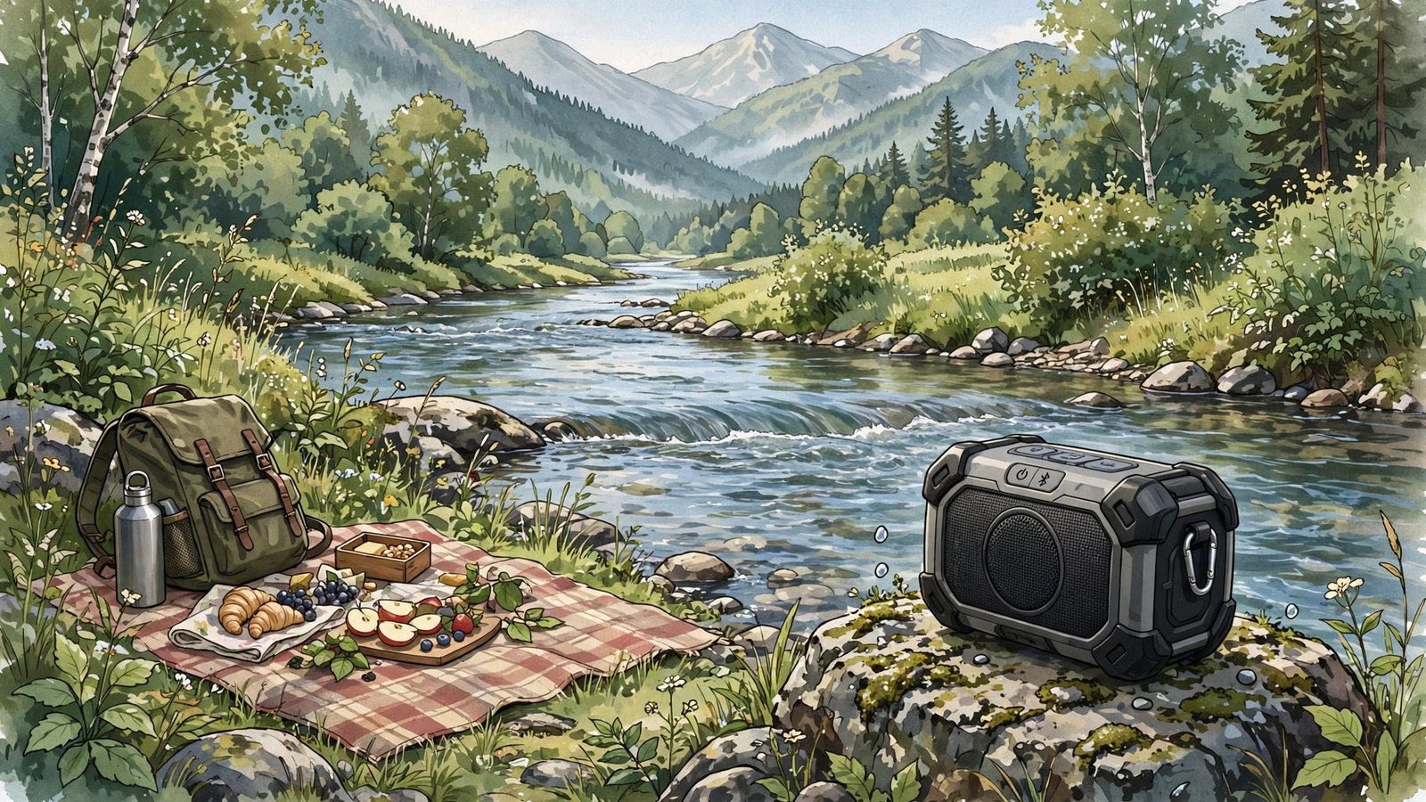 Rugged waterproof bluetooth speaker on a rock beside a flowing river at an outdoor picnic scene