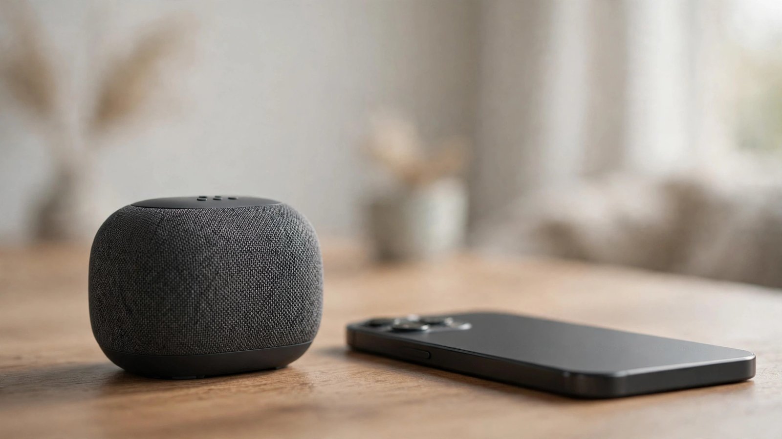 Close-up of a compact bluetooth speaker beside a smartphone on a table, soft natural light
