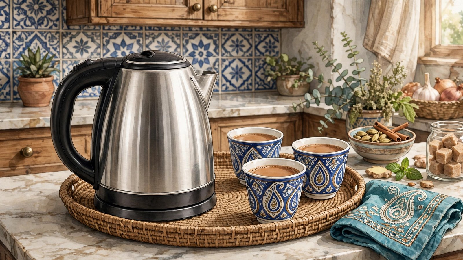 Stainless steel electric kettle with chai cups on a tray in a Pakistani kitchen