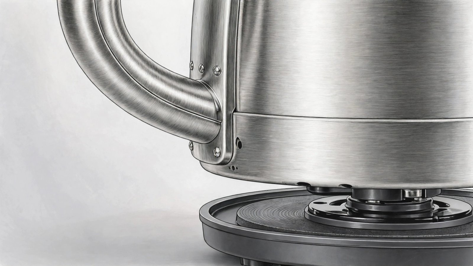Close-up of an electric kettle's base and handle showing brushed metal build quality