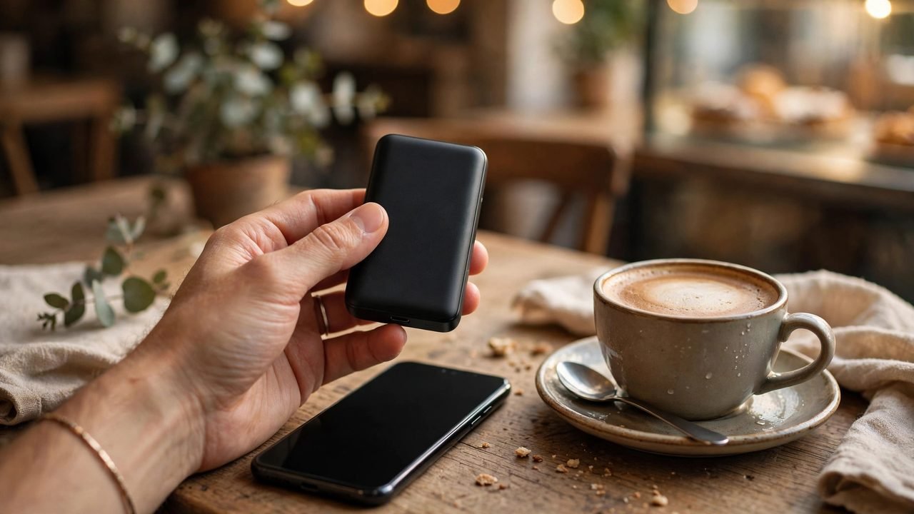 Hand holding a compact power bank beside a smartphone on a cafe table in warm light