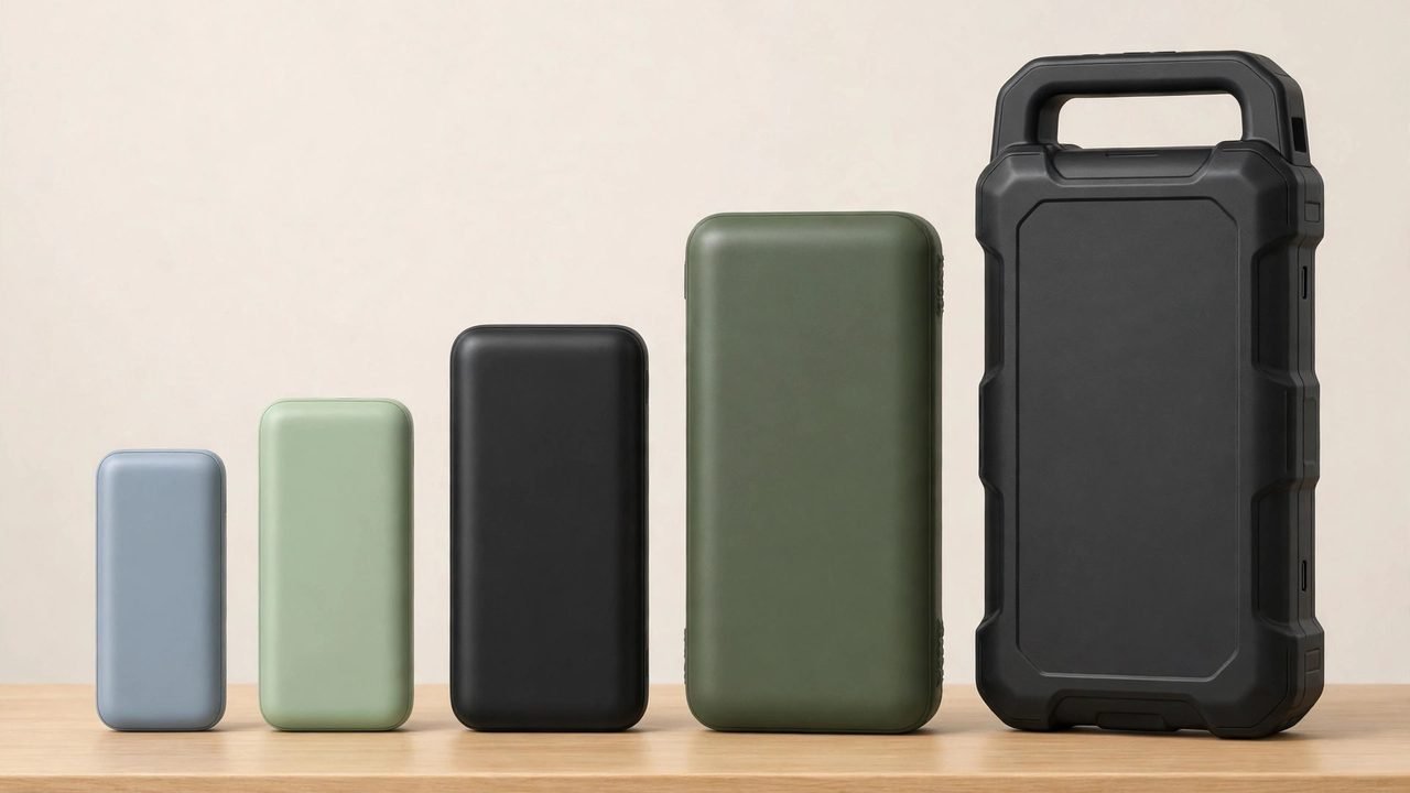 Power banks of different sizes lined up on a table showing capacity variety